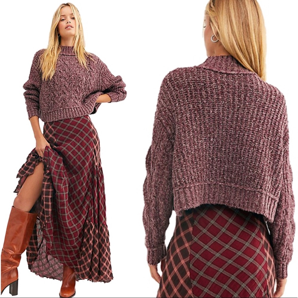 Free People Mauve Cable-Knit Cropped Sweater